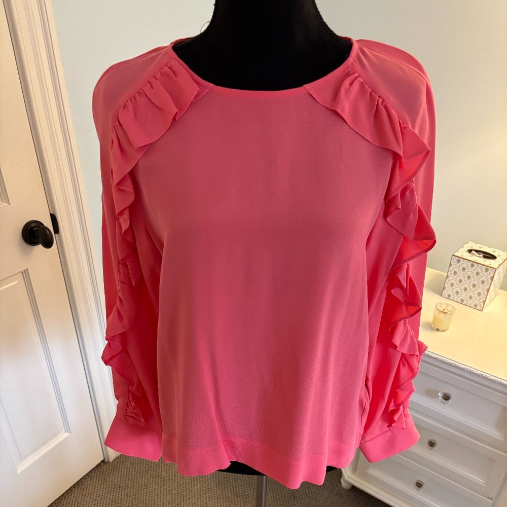 NWT J Crew Silk Blouse in Coral with Ruffled Sleeves, Size 10